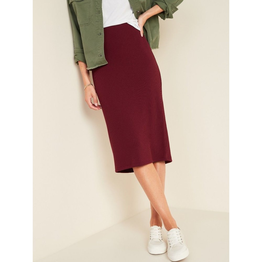 Old Navy Women Pencil Midi Skirt High-Waisted Rib-Knit Crimson Cranberry Size XS